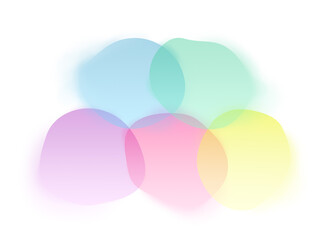 Five transparent, uneven and overlapping colorful roundish blobs on white. Abstract high resolution vibrant background. Light blue, green, purple, red and yellow blobs.
