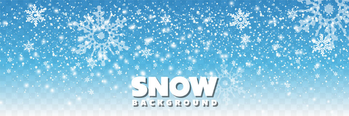 Realistic falling snow on transparent background.Seamless realistic falling snow or snowflakes. Vector illustration