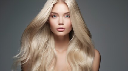 Naklejka premium Beautiful blonde woman with long hair on isolated grey background, front view generative ai