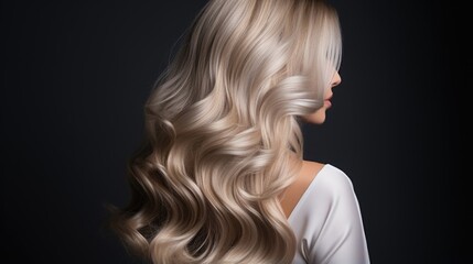 Fototapeta premium Beautiful blonde woman with long wavy hair on isolated dark grey background, back view, generative ai