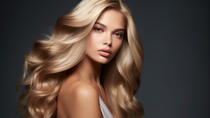 Fototapeta premium Beautiful blonde woman with long wavy hair on isolated grey background, generative ai
