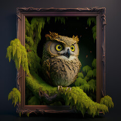 The wisdom of the guardian of the forest". Owl in a frame.