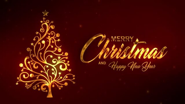Merry Christmas and Happy New Year greetings whit golden christmas tree and red background.christmas concept.animated holiday season social post digital card.