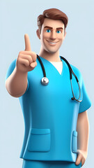 Cartoon 3D nurse character with a stethoscope smiling at the camera.