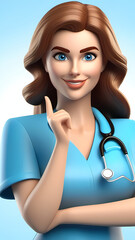 Cartoon 3D nurse character with a stethoscope smiling at the camera.