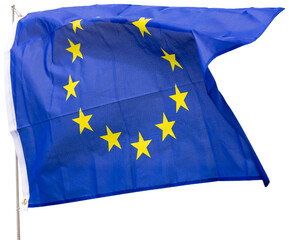 Blue flag of European Union with circle of twelve five-pointed yellow stars symbolizing united prosperous Europe, peace, democracy, and human rights fluttering. Isolated over white background