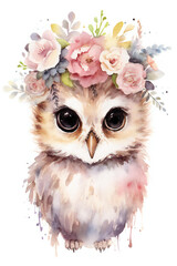 watercolor baby owl with flowers, baby animals