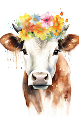 watercolor cow with flowers, baby animals