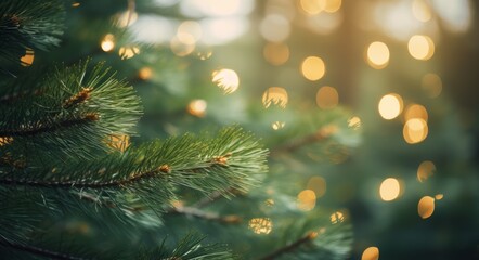 Christmas light on pine tree branches - obrazy, fototapety, plakaty