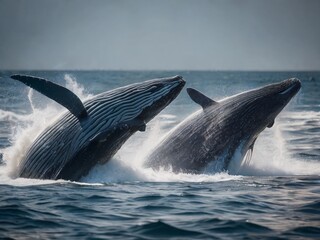 Fototapeta premium Two large whales jump out of the water. Marine mammals, cetaceans. Ecotourism and observation of wild animals in their natural environment. Conservation of endangered species.
