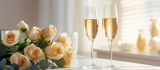 Champagne, ring, and flowers on table in bright room.