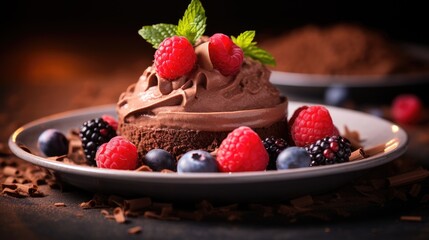 Plated vegan dessert featuring a rich, chocolate avocado mousse topped with fresh berries. Chocolate cake, biscuit dough. Soft, diffused lighting. Healthy food, Food blogging, cookbook, magazine