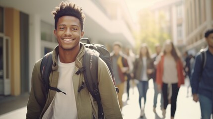 Cheerful young black african american guy traveler with a backpack on his shoulders in the city crowd in defocus. A refugee has arrived in a new country. Exchange student. Education.