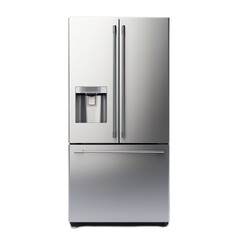 Front view three door modern refrigerator, Stainless Steel modern Kitchen and Domestic Appliances on a transparent background