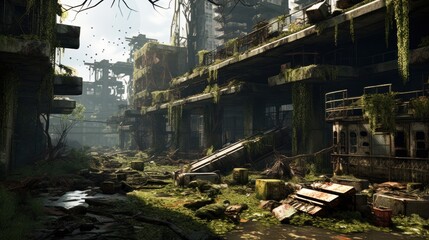 Fototapeta premium Craft a desolate scene of urban decay, overgrown vegetation, and abandoned structures in a post - apocalyptic world game art