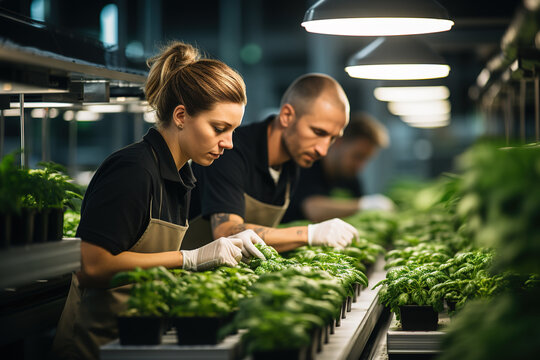 A greenhouse with many very healthy plants that are planted in soil free in aeroponic towers in vertical farming style. The picture shows three workers, men and women. Generative AI