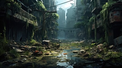 Craft a desolate scene of urban decay, overgrown vegetation, and abandoned structures in a post - apocalyptic world game art - obrazy, fototapety, plakaty