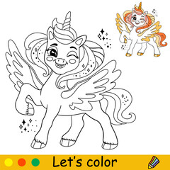 Cartoon wingled unicorn kids coloring book page vector