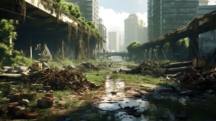 Fototapeta na wymiar Craft a desolate scene of urban decay, overgrown vegetation, and abandoned structures in a post - apocalyptic world game art