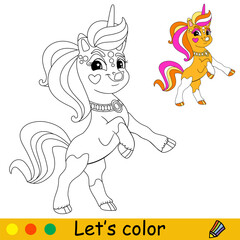 Cartoon bright unicorn kids coloring book page vector