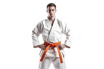 Man in a judo suit with orange belt isolated on white background. Generative AI