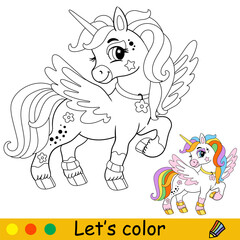 Cartoon wingled white unicorn kids coloring book page vector © alinart