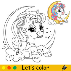 Cartoon unicorn on the moon kids coloring book page vector