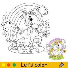 Cartoon unicorn with rainbow coloring book page vector