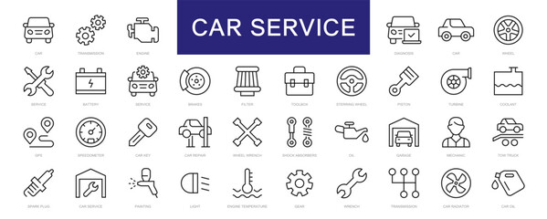 Car service thin line icons set. Auto Service & Car Repair editable stroke icon collection. Car, Service, Repair, Engine, Diagnostic, Auto, Vehicle, Transmission symbol. Vector - 645114792