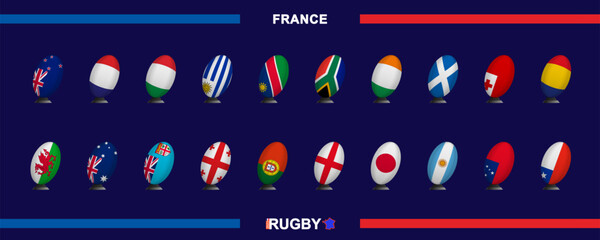 Collection of flags in rugby ball style on kick stand of the nations participating in Rugby 2023. Rugby ball flag collection.