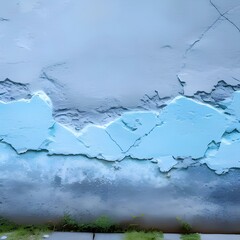 Old painted concrete wall surface. Close-up. Gray pale dysty blue color. Rough dark grunge background for design. Distressed, broken, cracked, crumbled.