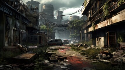 Craft a desolate scene of urban decay, overgrown vegetation, and abandoned structures in a post - apocalyptic world game art