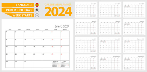 Spanish calendar planner for 2024. Spanish language, week starts from Monday. - obrazy, fototapety, plakaty
