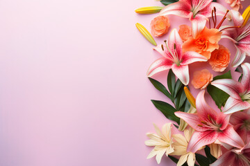 pink lilies on pink background with copy space for text
