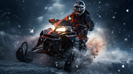 Young man riding a snowmobile in the winter forest. Extreme Snowmobile rider in action at high speed in the snowy mountains. Outdoor winter recreational lifestyle adventure sport activity.