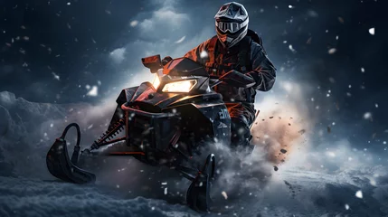 Fotobehang Young man riding a snowmobile in the winter forest. Extreme Snowmobile rider in action at high speed in the snowy mountains. Outdoor winter recreational lifestyle adventure sport activity. © mandu77