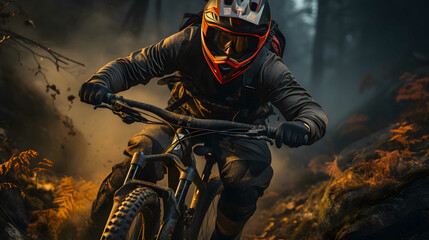 Mountain biker riding on the forest trail. Extreme sport.
