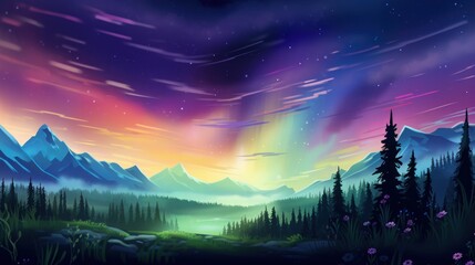 Tranquil meadow illuminated by the dancing colors of the Northern Lights, with wildflowers and celestial wonder Game Art