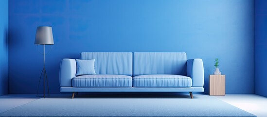 stylishly designed room with blue carpet, sofa, and coffee table.