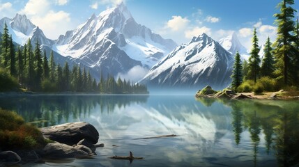 a serene mountain lake, surrounded by lush evergreen forests, with the mirror-like water reflecting the snow-capped peaks