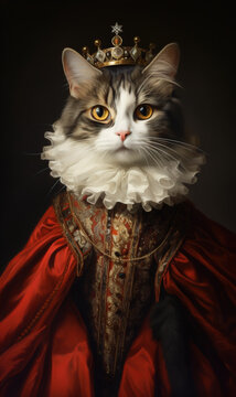 Illustration of a grey white tabby cat wearing a red dress in medieval fantasy style