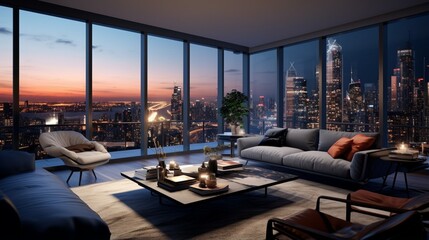 a sleek, high-rise apartment with a panoramic view of a vibrant city skyline, capturing the excitement and energy of urban living