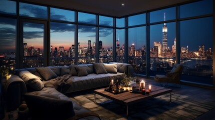 a sleek, urban penthouse apartment, with floor-to-ceiling windows, a rooftop terrace, and a breathtaking cityscape at night