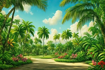 Fototapeta na wymiar Cuban landscape of green plants, flowers and palms