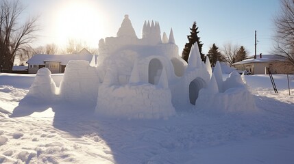 a snow fort in the backyard, with snowball fights and laughter, and the winter sun casting long shadows in the snow