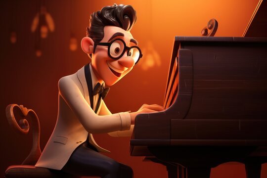 Funny cartoon pianist playing a piano