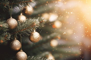 Christmas tree branches and golden balls close up