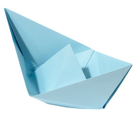 Blue paper boat on a white isolated background