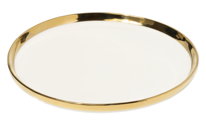 Empty round ceramic white plate with a gilded edge on a white isolated background, top view