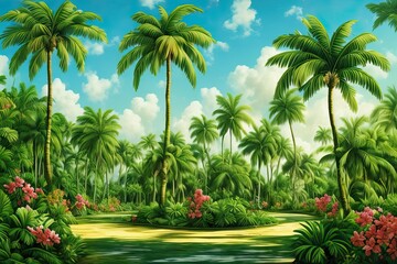 Fototapeta na wymiar Cuban landscape of green plants, flowers and palms